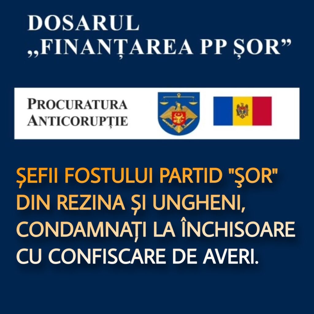 Președinții din Rezina și Ungheni ai fostului Partid Politic „Șor”, condamnați la închisoare pentru complicitate la acceptarea finanțării ilegale a partidului politic.